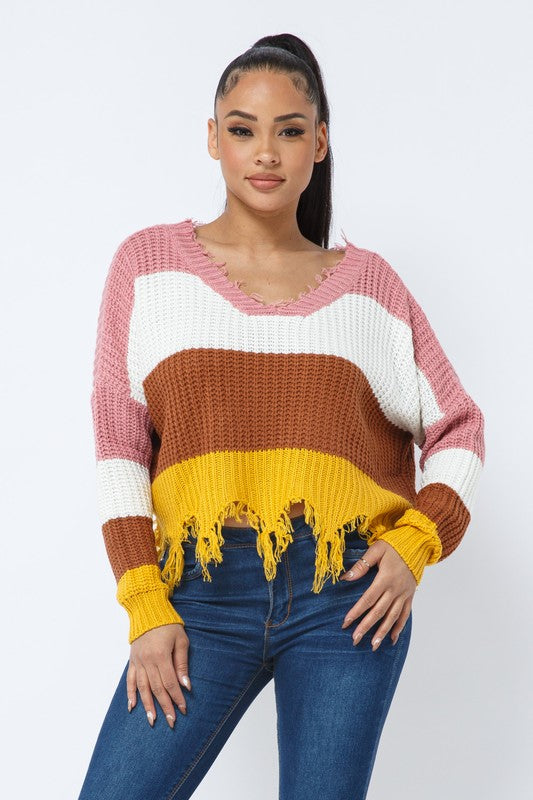 Color Block V Neck Knit Distressed Cozy Sweater Mauve-Mustard