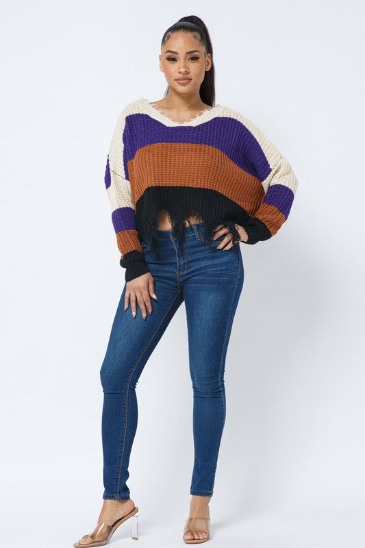 Color Block V Neck Knit Distressed Cozy Sweater Natural Purple