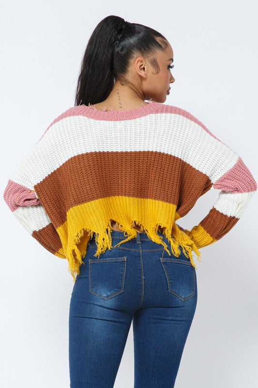 Color Block V Neck Knit Distressed Cozy Sweater Mauve-Mustard