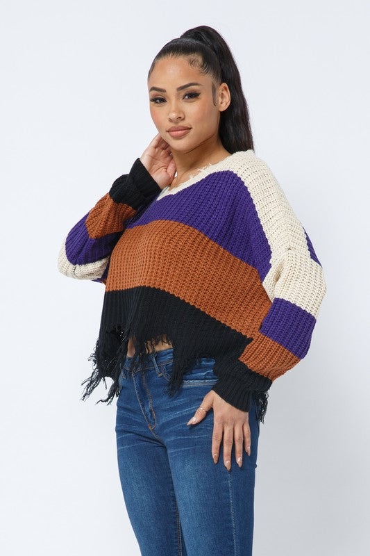 Color Block V Neck Knit Distressed Cozy Sweater Natural Purple