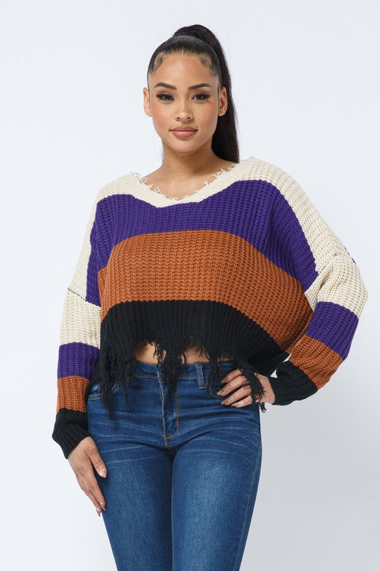 Color Block V Neck Knit Distressed Cozy Sweater Natural Purple