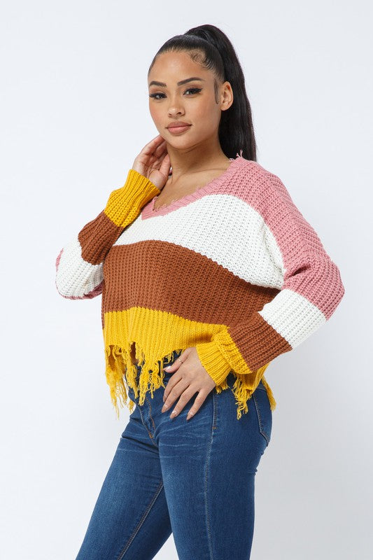 Color Block V Neck Knit Distressed Cozy Sweater Mauve-Mustard