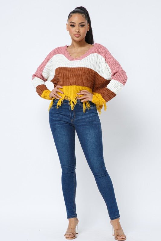 Color Block V Neck Knit Distressed Cozy Sweater Mauve-Mustard