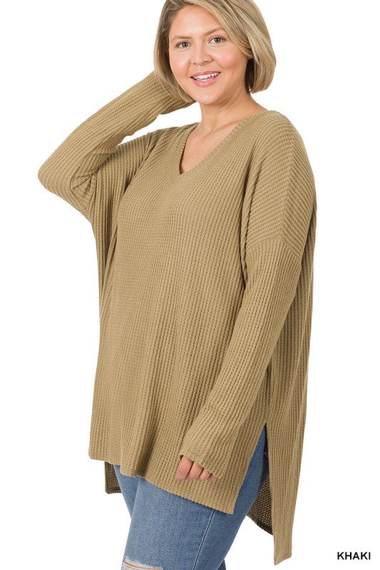 PLUS SIZE BRUSHED THERMAL WAFFLE V-NECK SWEATER KHAKI COLOUR