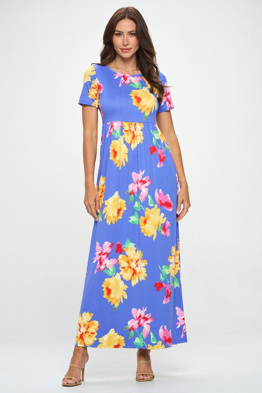 FLORAL PRINT BUTTER SOFT FABRIC ELASTIC WAIST MAXI DRESS BLUE COLOUR