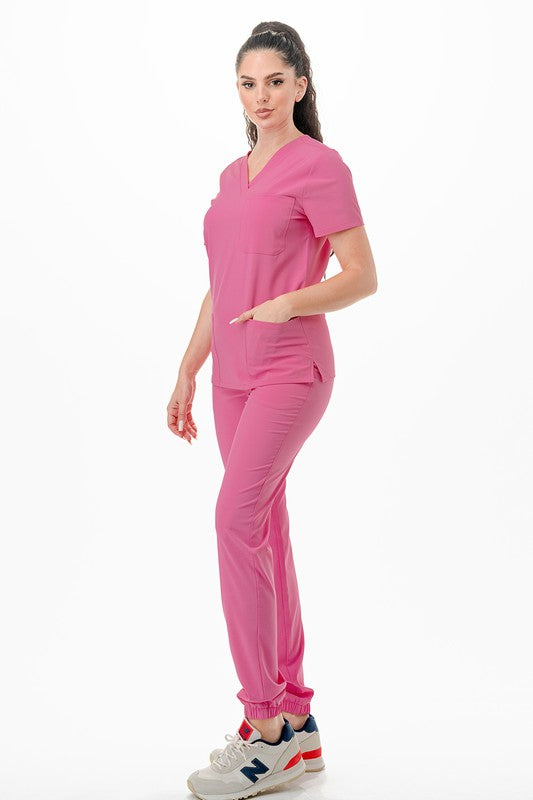 Medical Scrub Set 4 Way Stretch 6 Pockets V-Neck T