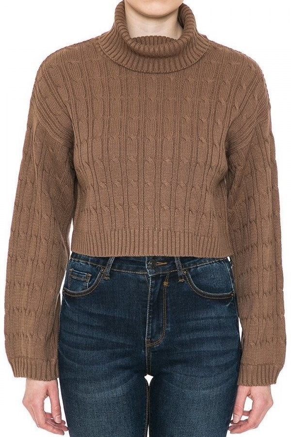 Turtle neck cable knit bell sleeve Crop Sweater MOCHA  Colour