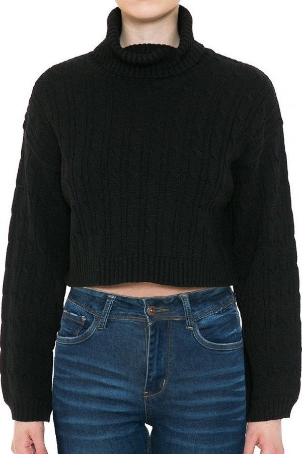 Turtle neck cable knit bell sleeve Crop Sweater Black Colour