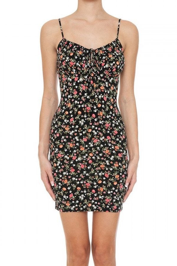 FLORAL PRINT TIE FRONT CAMI KNIT MINI BODY CON DRESS