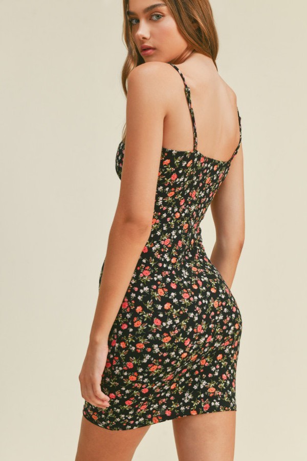 FLORAL PRINT TIE FRONT CAMI KNIT MINI BODY CON DRESS