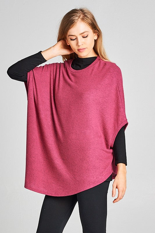 Two Tone Soft Hacci Brush Asymmetrical Pullover Raspberry  Colour