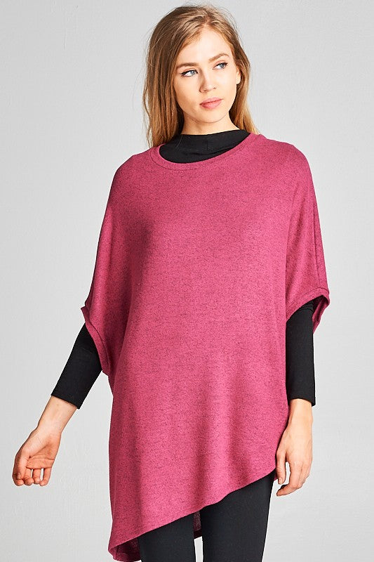 Two Tone Soft Hacci Brush Asymmetrical Pullover Raspberry  Colour