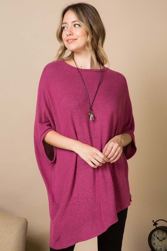 Two Tone Soft Hacci Brush Asymmetrical Pullover Raspberry  Colour