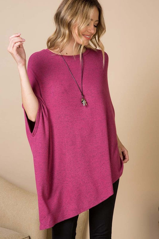 Two Tone Soft Hacci Brush Asymmetrical Pullover Raspberry  Colour