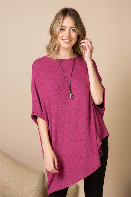 Two Tone Soft Hacci Brush Asymmetrical Pullover Raspberry  Colour