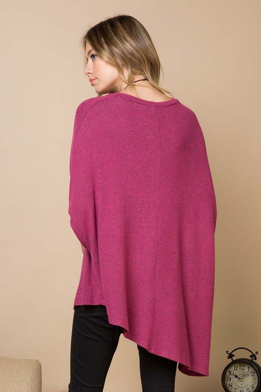 Two Tone Soft Hacci Brush Asymmetrical Pullover Raspberry  Colour