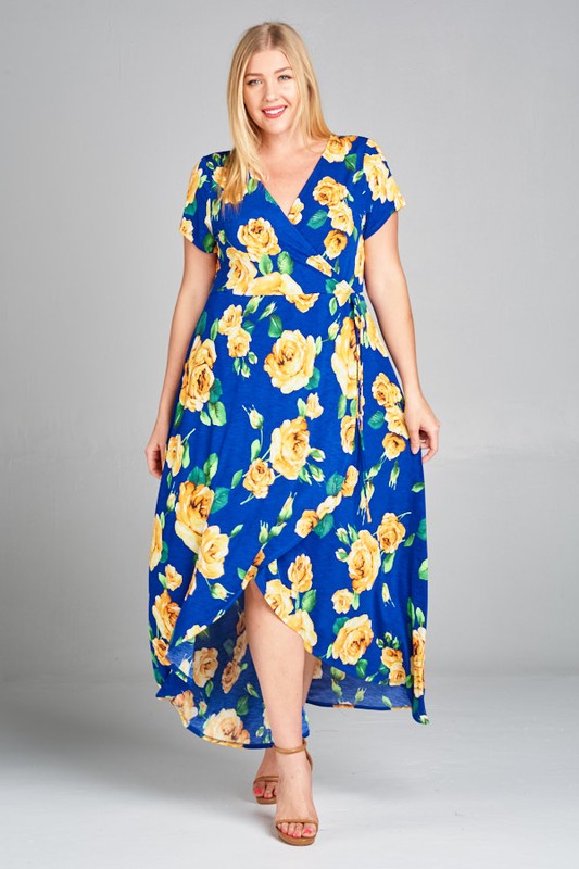 Floral High Low Faux Wrap Maxi Dress made in USA