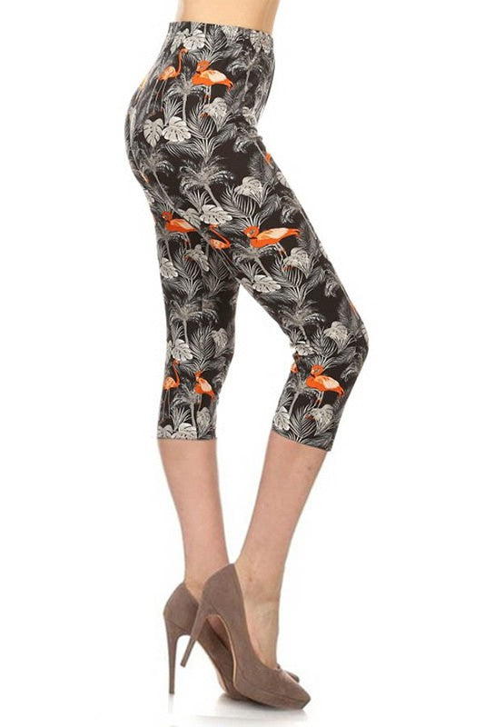 3X5X plus size flamingo printed, high waisted capri leggings in a fitted  style with an elastic waistband