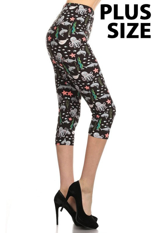 Plus size ocean themed print, high waisted capri leggings with an elastic band.