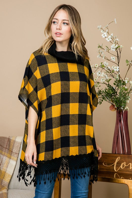 Plus Plaid Poncho with Lace