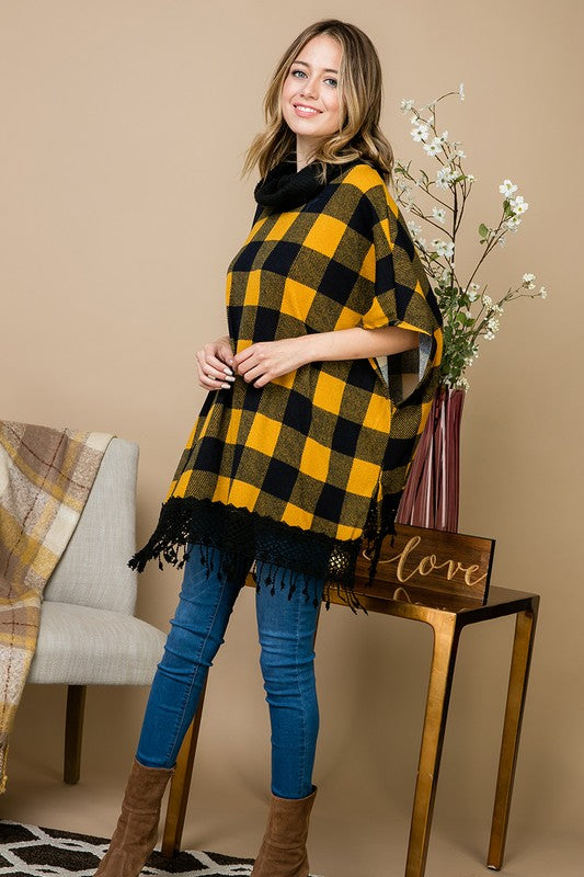 Plus Plaid Poncho with Lace