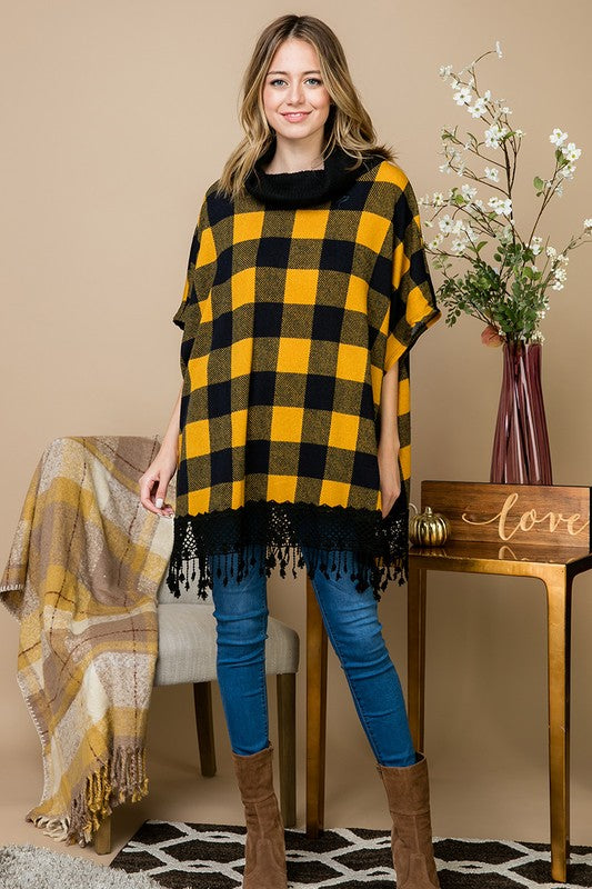 Plaid Poncho with Lace MADE IN USA