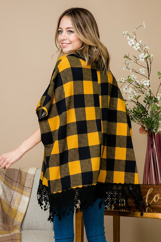 Plus Plaid Poncho with Lace