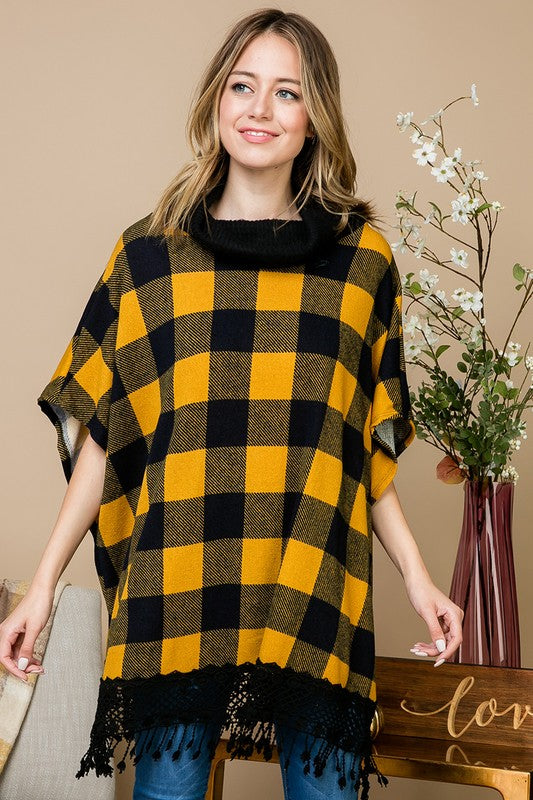 Plus Plaid Poncho with Lace