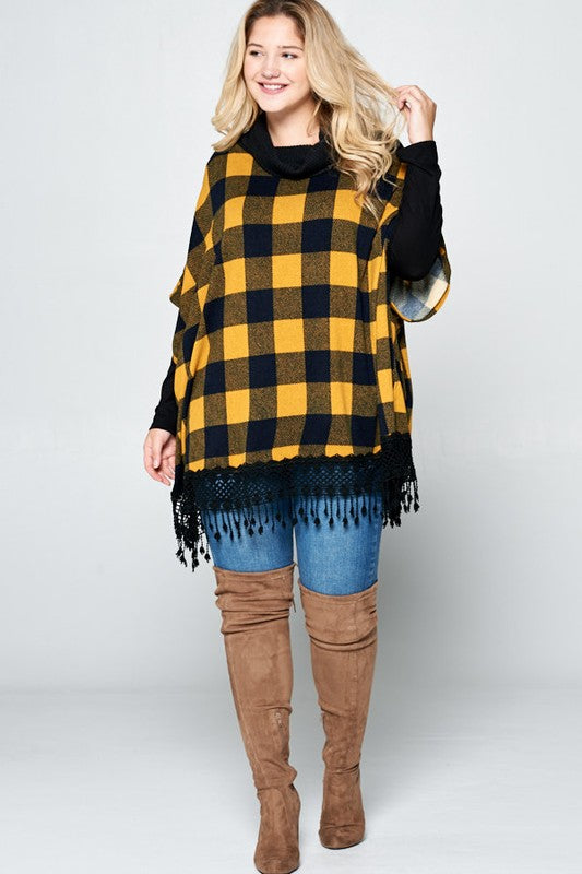 Plaid Poncho with Lace MADE IN USA