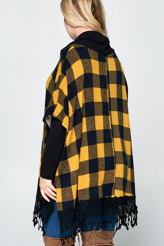 Plus Plaid Poncho with Lace