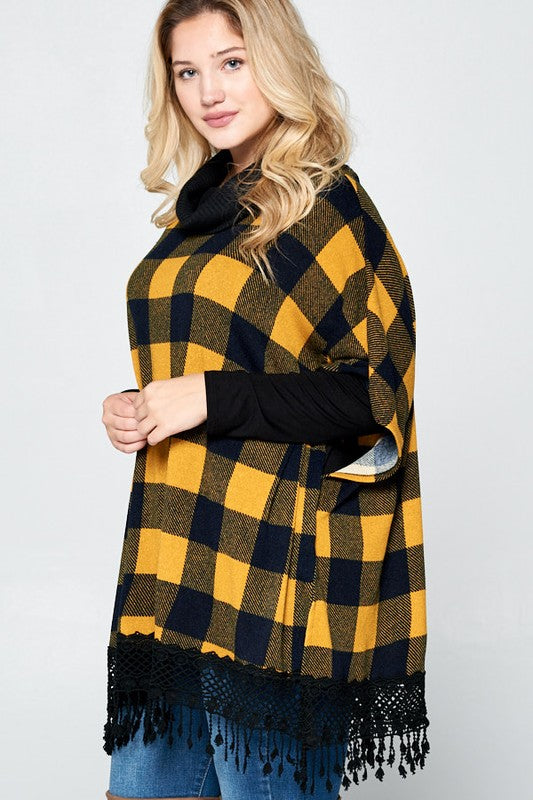 Plaid Poncho with Lace MADE IN USA