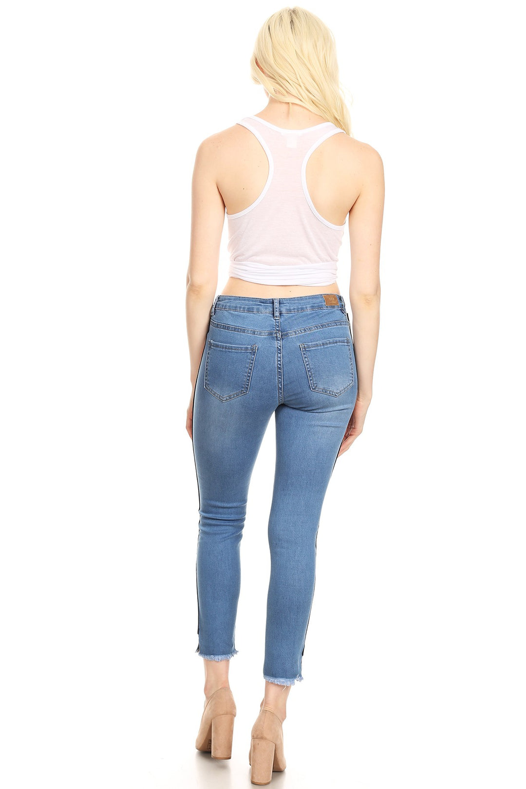 Denim Aknle skinny jean with side trim raw hem and pockets