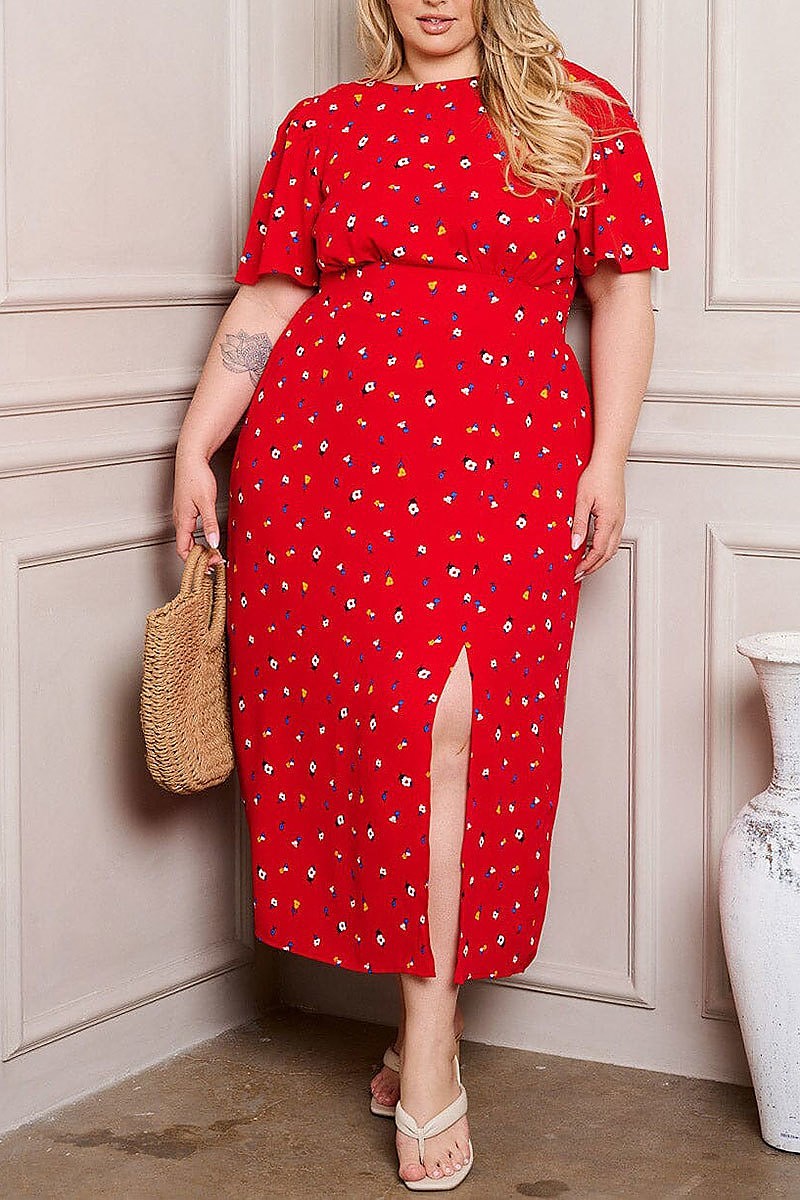 Short sleeve smock waist floral midi dress