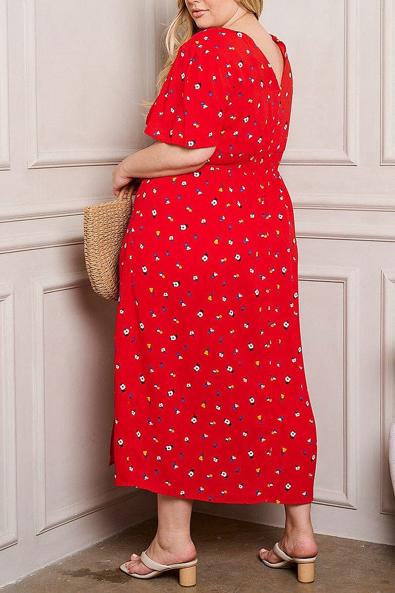 Short sleeve smock waist floral midi dress