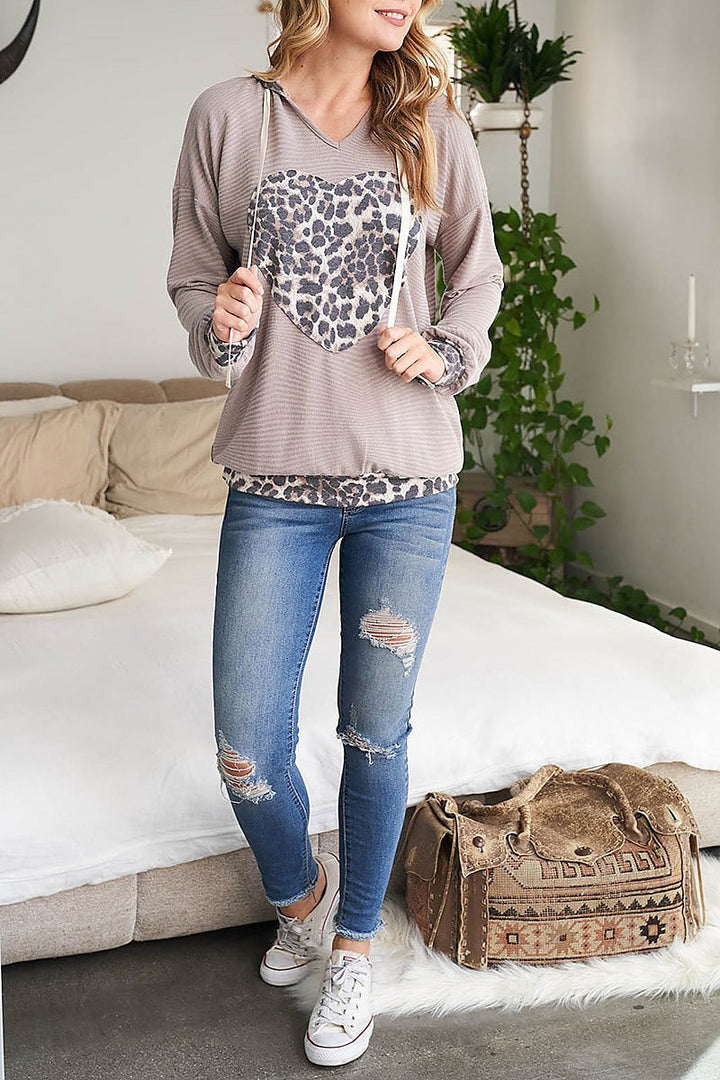 LEOPARD HEART DESIGN DIAMOND RIB SELF TIE HOODIE