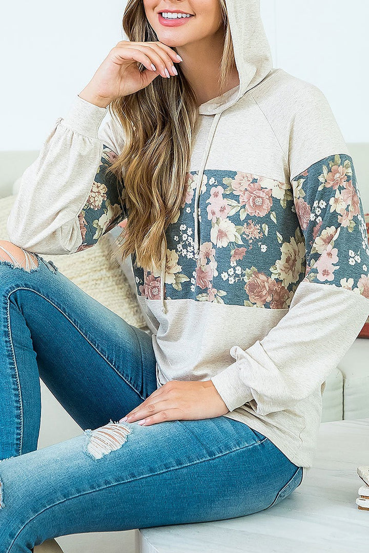 FLORAL CONTRAST LONG SLEEVE HOODIE WITH SELF TIE