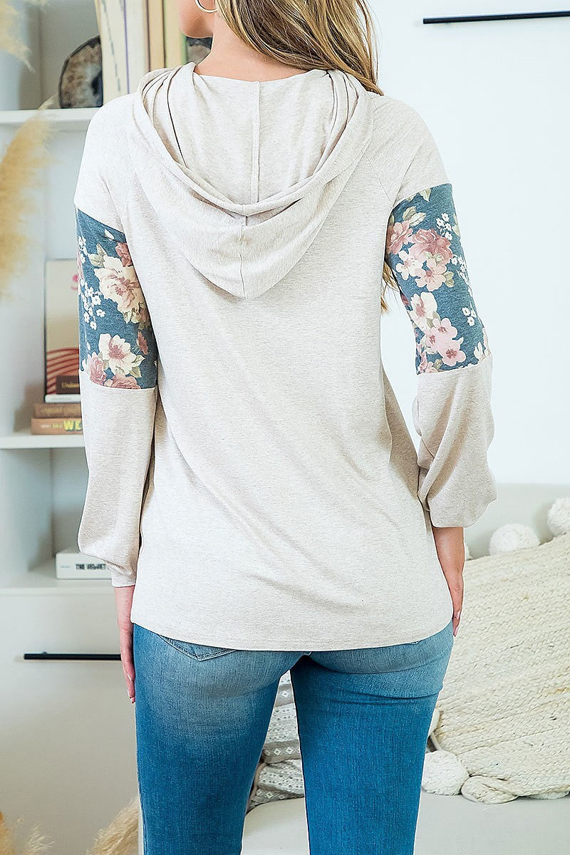 FLORAL CONTRAST LONG SLEEVE HOODIE WITH SELF TIE