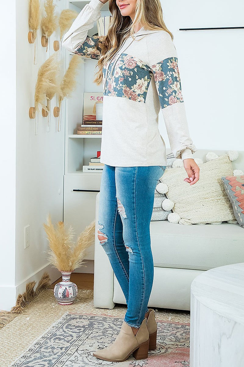 FLORAL CONTRAST LONG SLEEVE HOODIE WITH SELF TIE