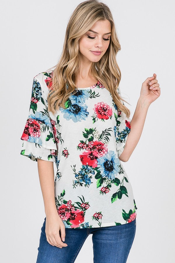 Rullfe detail sleeve Flower Print Top
