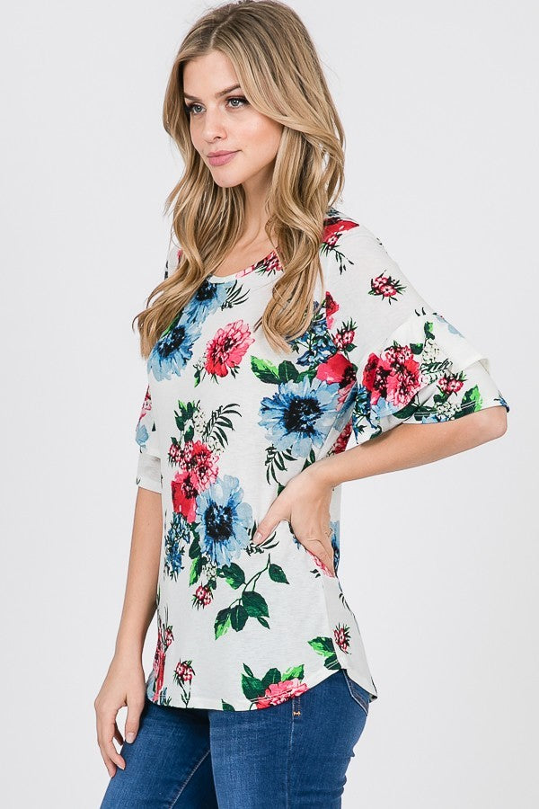 Rullfe detail sleeve Flower Print Top