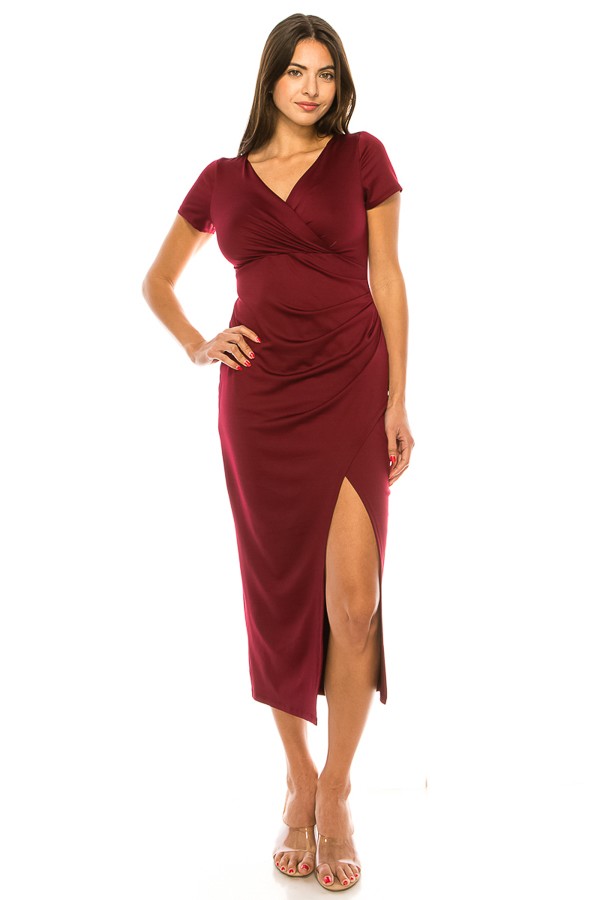 Solid ,Short Sleeve A Line Wrap Dress with Ruched Details