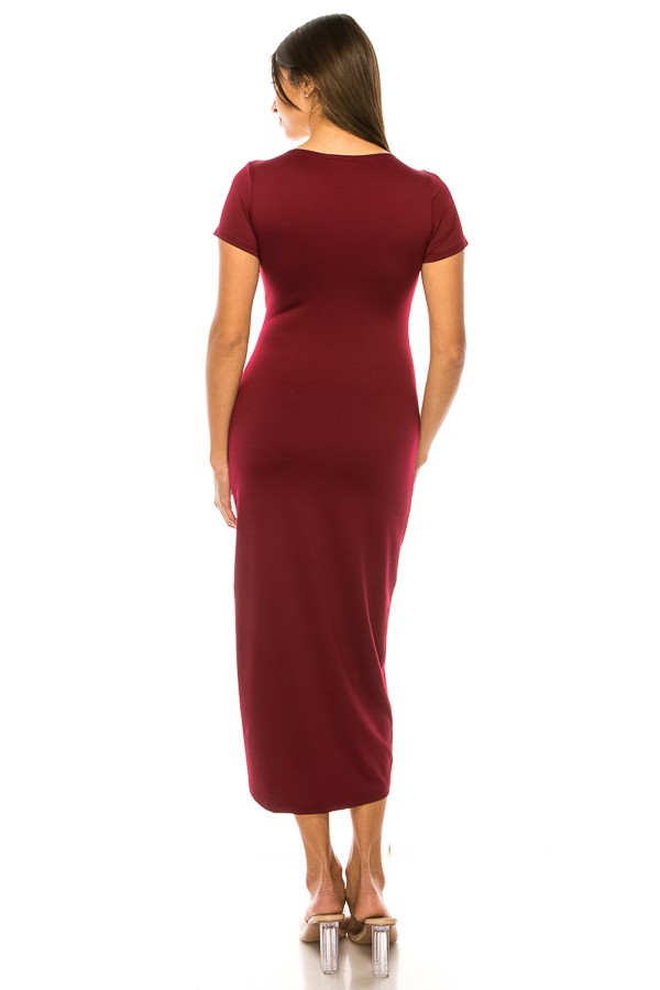 Solid ,Short Sleeve A Line Wrap Dress with Ruched Details