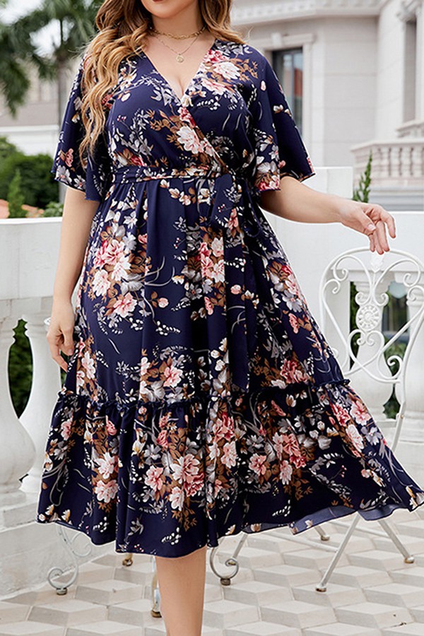 Elastic waist Floral Chiffon Dress PLus size