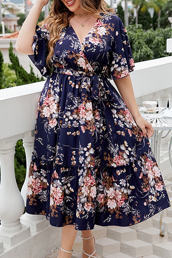 Elastic waist Floral Chiffon Dress PLus size