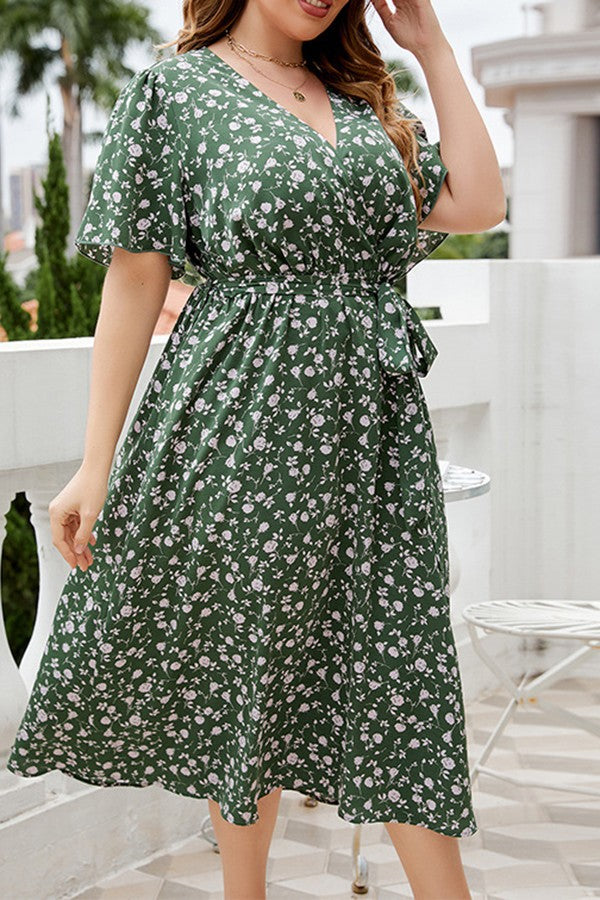 V Neck plus size print dress