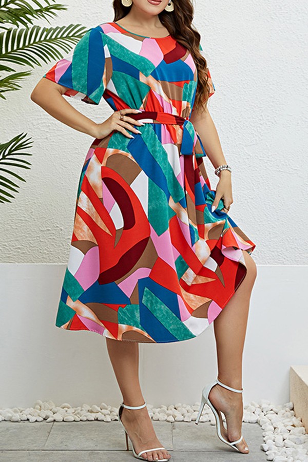Painted print waost Tie maxi Dress Plus size