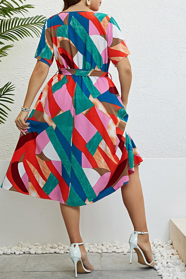 Painted print waost Tie maxi Dress Plus size