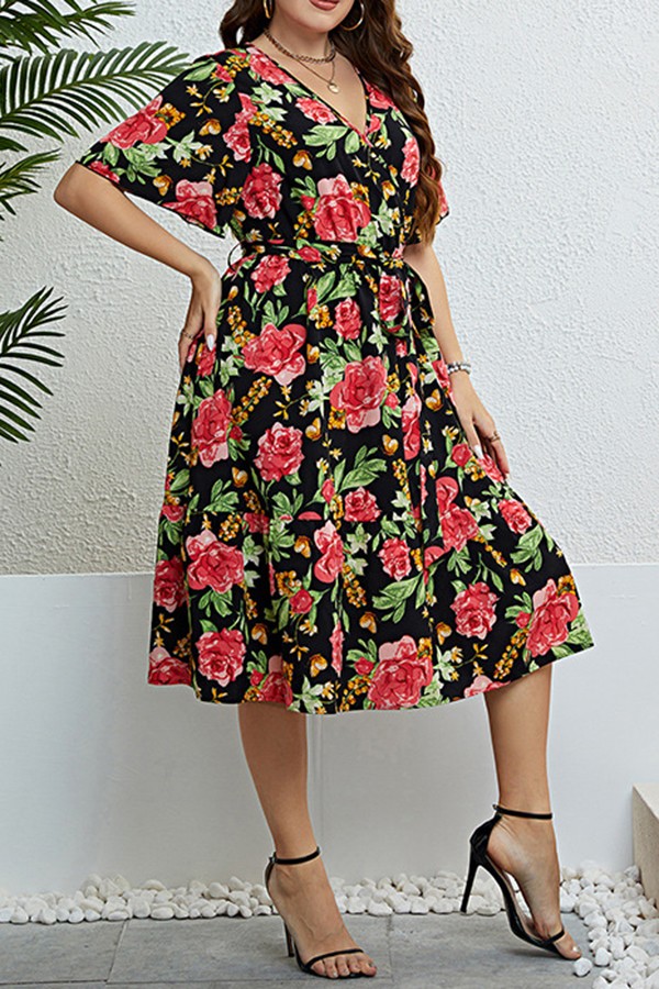 Floral V Neck  Plus size midi dress
