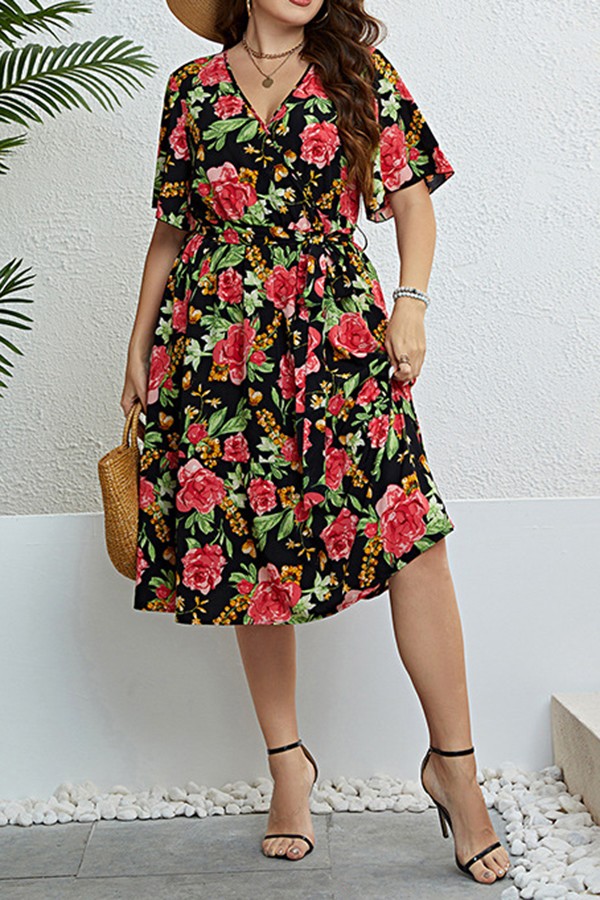 Floral V Neck  Plus size midi dress