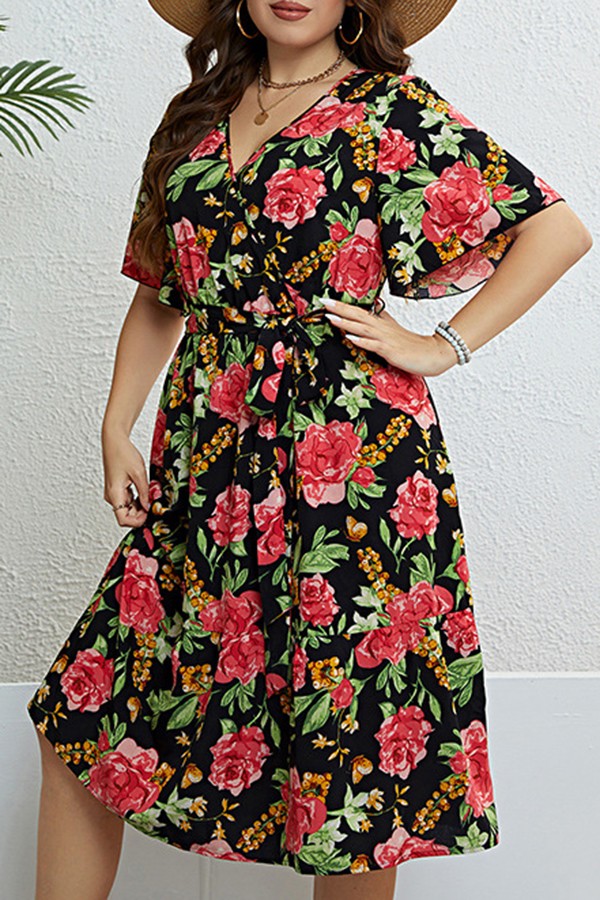 Floral V Neck  Plus size midi dress
